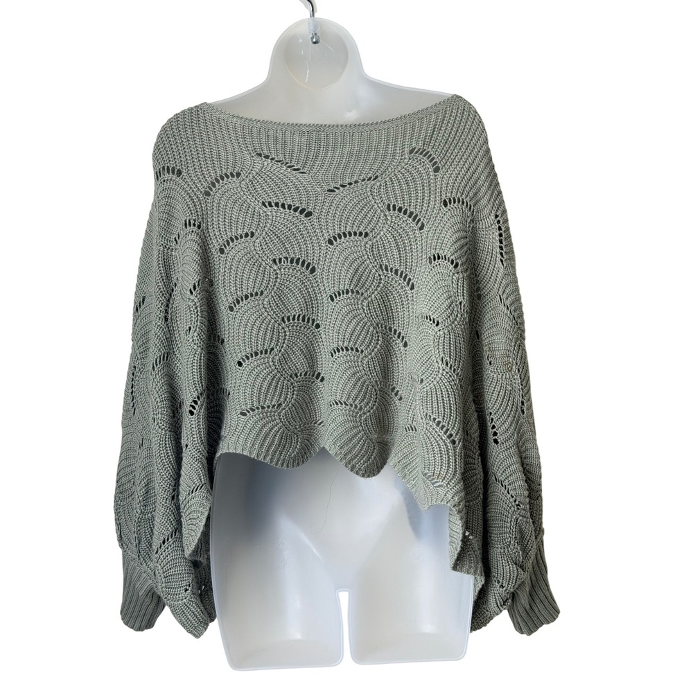 Moon & Madison Sage Green Scallop Wave Knit Poncho Sweater Batwing Sleeve M - Picture 3 of 6